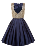 Gold Sequin Navy Blue Pleated Satin Keyhole Back Flower Girl Dress